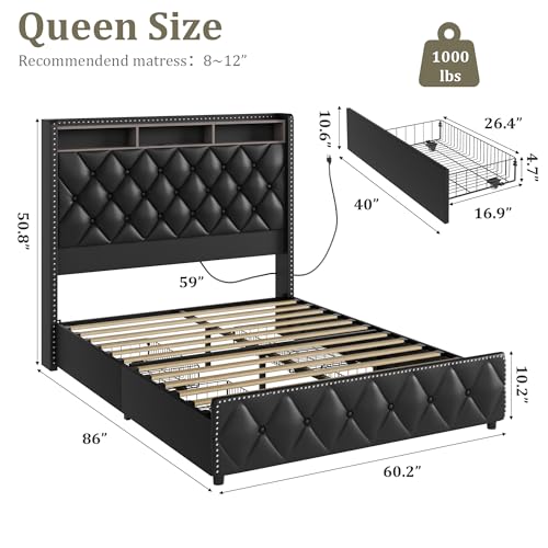 Queen Bed Frame with Tall Headboard, Velvet Upholstered, 4 Storage Drawers U913671