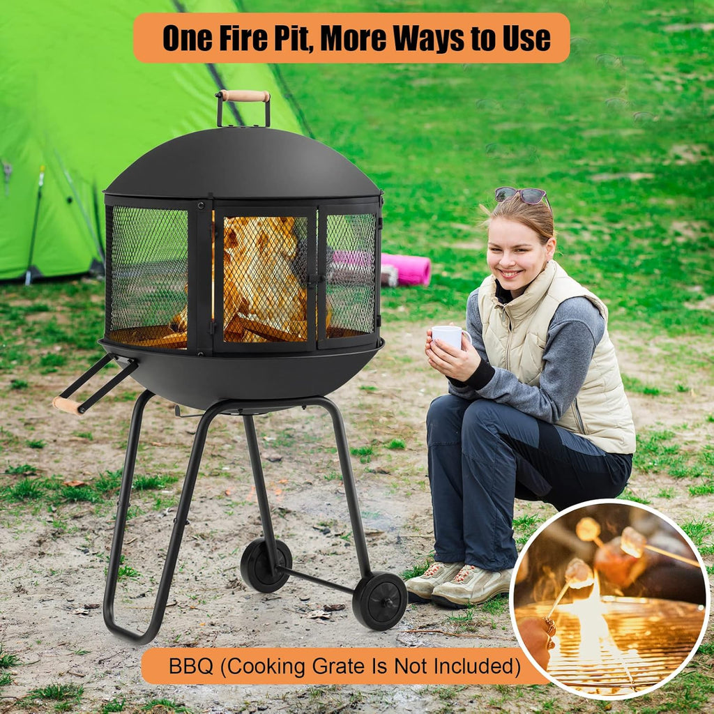 Portable Fire Pit with Wheels, 28 Inch Wood Burning, Black N2023