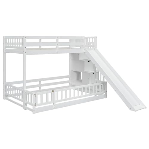 Twin Over Full Bunk Bed with Slide and Storage Stairs C57577
