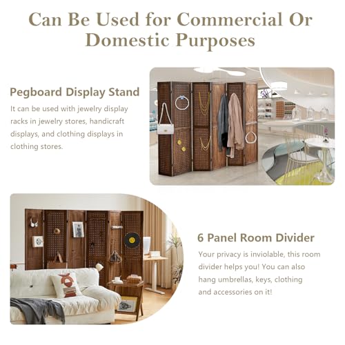 Wooden Pegboard Room Divider, 5.6Ft Folding Privacy Screen P5676