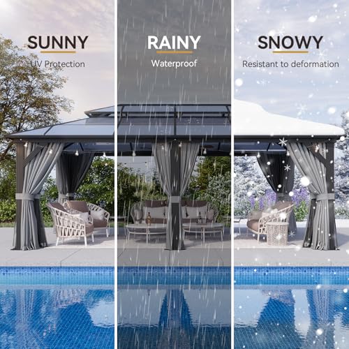 12x16 Hardtop Gazebo with Netting and Curtains, Aluminum Frame, Polycarbonate Roof N71921