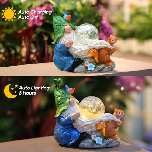 Solar Gnome Statue with Lighted Flower for Yard Decor O7431