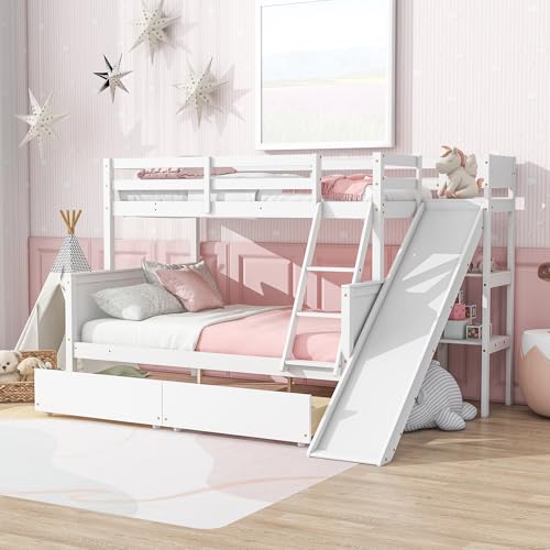 Twin Over Full Bunk Bed with Slide and Storage Stairs C57577