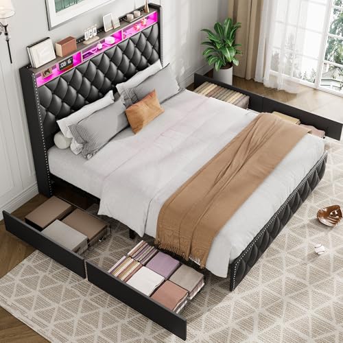 Queen Bed Frame with Tall Headboard, Velvet Upholstered, 4 Storage Drawers U913671