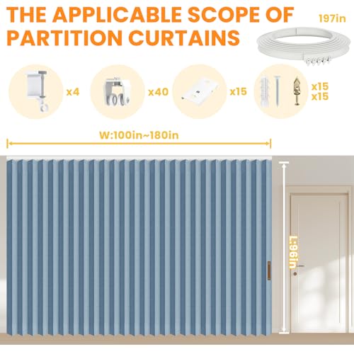 Accordion Room Divider Curtains with Ceiling Track, Grey, W100 x L84 J296