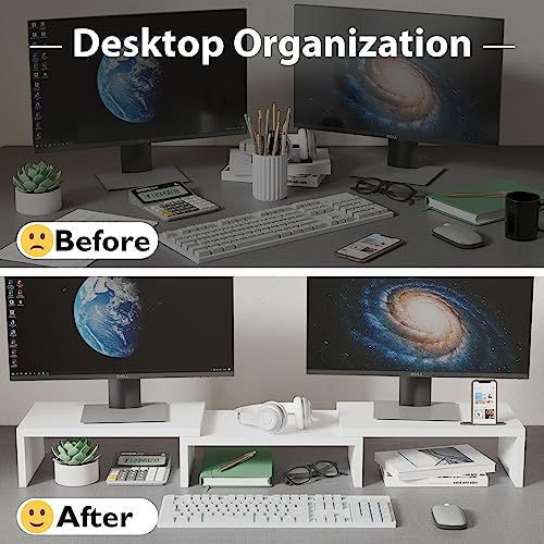 Dual Monitor Stand Riser with Smartphone Holder, Adjustable Wooden Desktop Organizer P70793