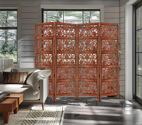 4 Panel Folding Wood Room Divider, Antique Brown, 72 x 80 L396608