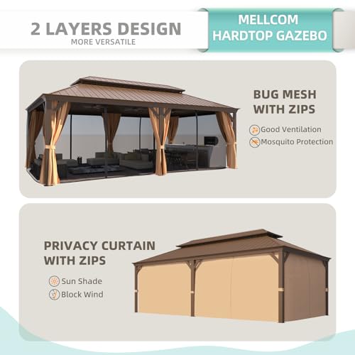 12x16 ft Hardtop Gazebo with Galvanized Steel Roof, Curtains and Netting V821