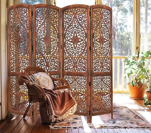 4 Panel Folding Wood Room Divider, Antique Brown, 72 x 80 L396608