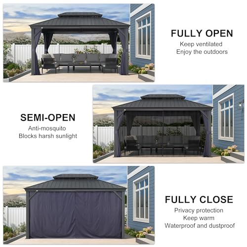 10' x 14' Permanent Hardtop Gazebo with Galvanized Steel Double Roof, Curtains and Netting Included M96664