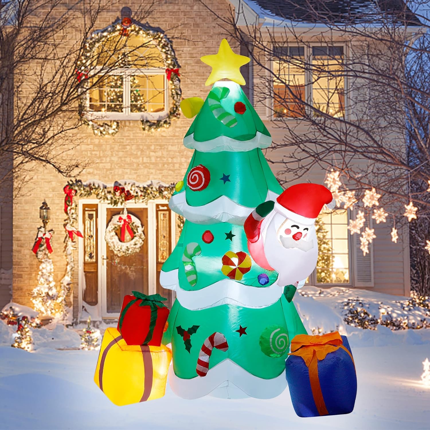 DR.DUDU 7 FT Inflatable Christmas Tree with Santa Claus Gift Boxes, Build-in LED Lights Blow up Christmas Yard Decorations for Xmas Holiday Party Outdoor Garden Decor
