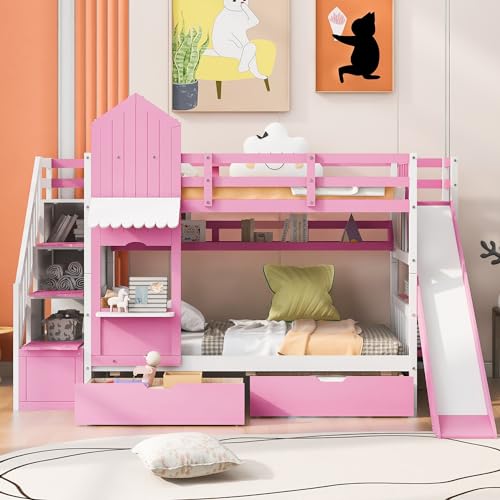 Twin Over Twin Bunk Bed with Stairs and Slide, Solid Wood Frame with Storage Y2445