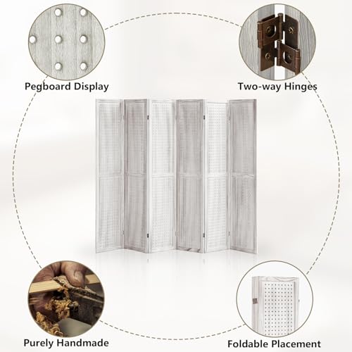 Wooden Pegboard Room Divider, 5.6Ft Folding Privacy Screen P5676