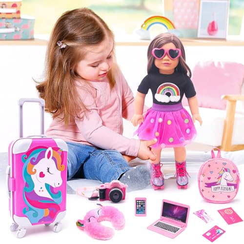 18 Inch Doll Travel Set with Suitcase, Dress, Camera, Phone, Neck Pillow & Sunglasses M666