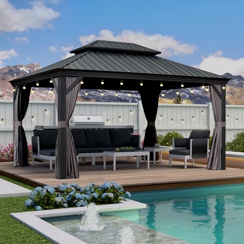10' x 14' Permanent Hardtop Gazebo with Galvanized Steel Double Roof, Curtains and Netting Included M96664