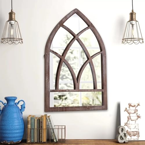 Arched Window Mirror Wall Decor 16 x 24 Inch, Distressed White Rustic H73088