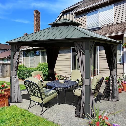 10 x 10 ft Hardtop Gazebo with Netting and Curtains, Galvanized Steel Roof for Patio and Garden X50618