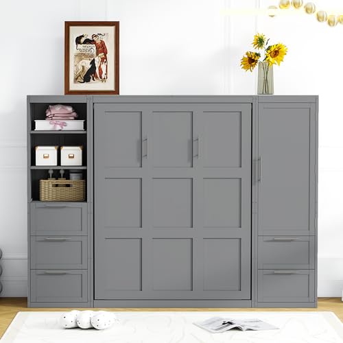 Murphy Bed Queen Size with Built-in Shelves, Storage Drawers and Wardrobe, Grey R789846