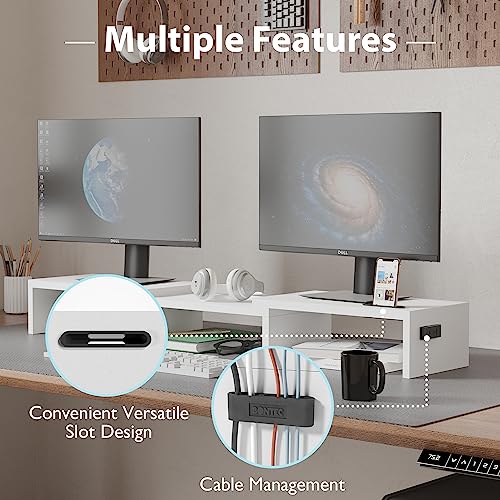 Dual Monitor Stand Riser with Smartphone Holder, Adjustable Wooden Desktop Organizer P70793