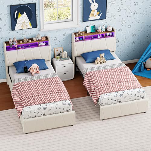 Twin Bed Frame with 2 Storage Drawers, Charging Station & LED Lights, Upholstered Platform Bed, Beige Q69205