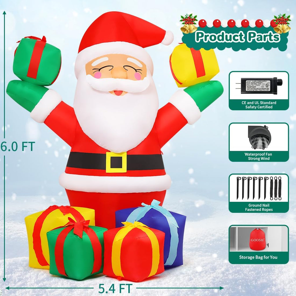6 ft Christmas Santa Inflatables Outdoor Decorations with Present Boxes and Built-in LEDs H171
