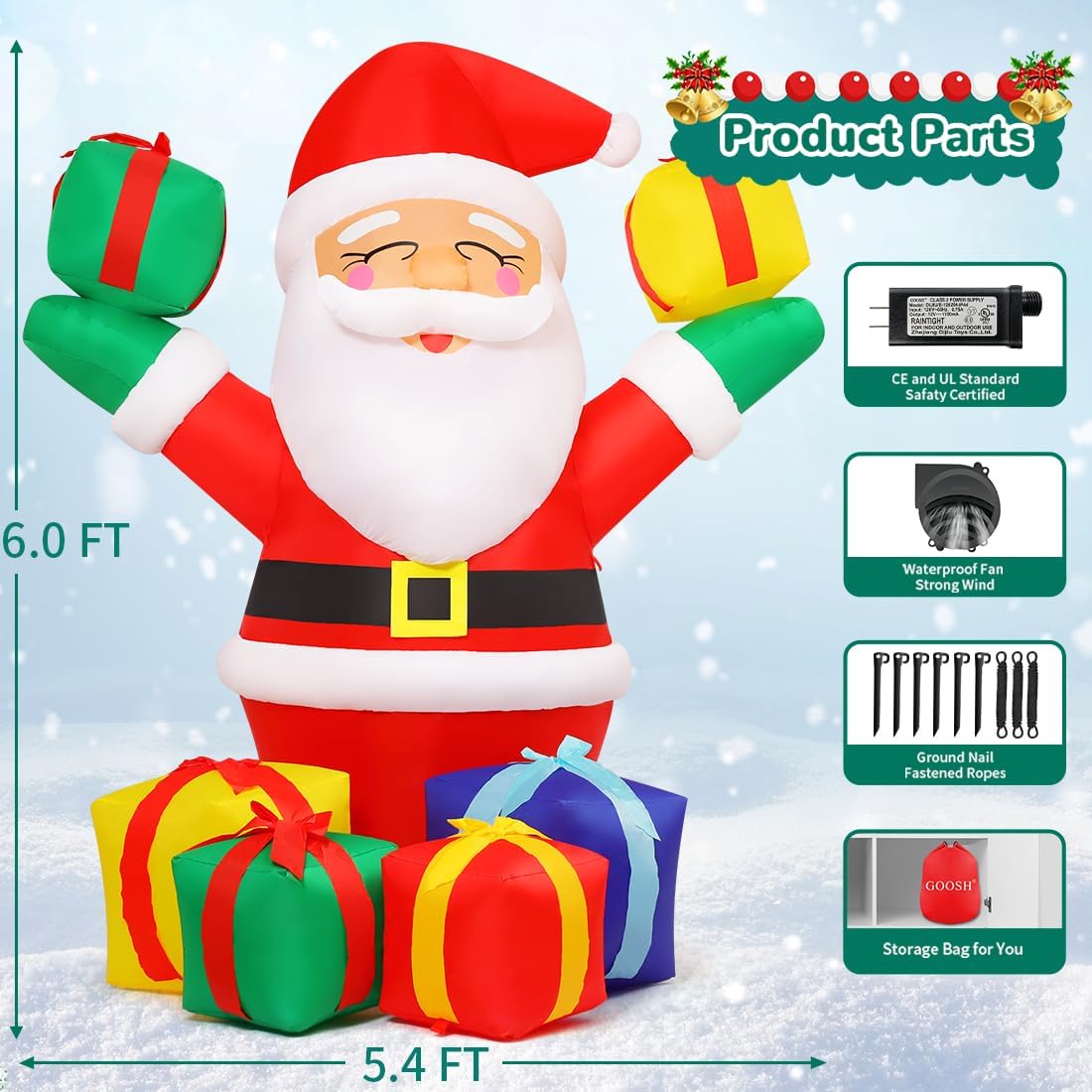 6 ft Christmas Santa Inflatables Outdoor Decorations with Present Boxes and Built-in LEDs H171