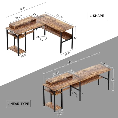 Reversible L Shaped Desk with Power Outlets and LED Light, Corner Computer Desk with Monitor Stand and Storage Shelves, Black D613
