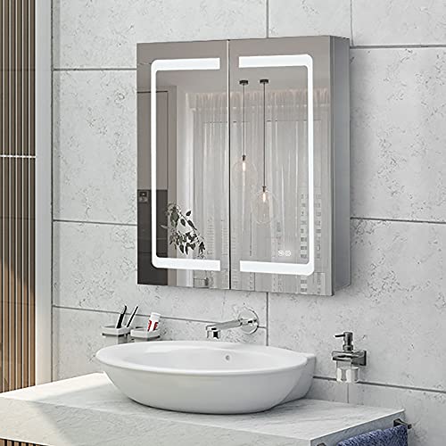 24 Inch X 28 Inch Illuminated Led Mirror Cabinet for Bathroom Stainless Steel Wall Mounted Medicine Cabinet with Double Touch Switches for Clor Change, Dimmer and Anti-Fog Function