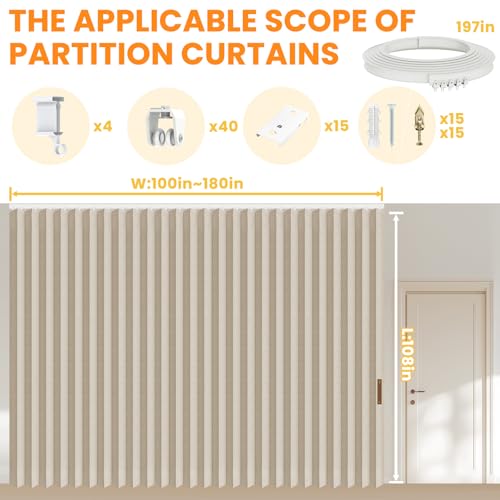 Accordion Room Divider Curtains with Ceiling Track, Grey, W100 x L84 J296