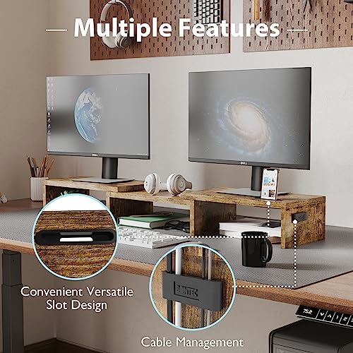 Dual Monitor Stand Riser with Smartphone Holder, Adjustable Wooden Desktop Organizer P70793