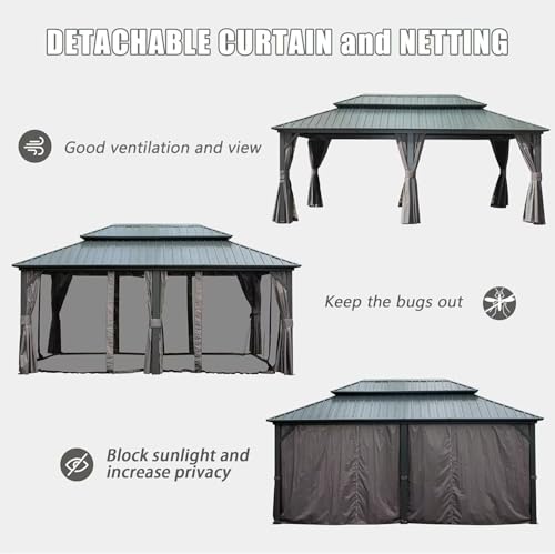 10 x 10 ft Hardtop Gazebo with Netting and Curtains, Galvanized Steel Roof for Patio and Garden X50618