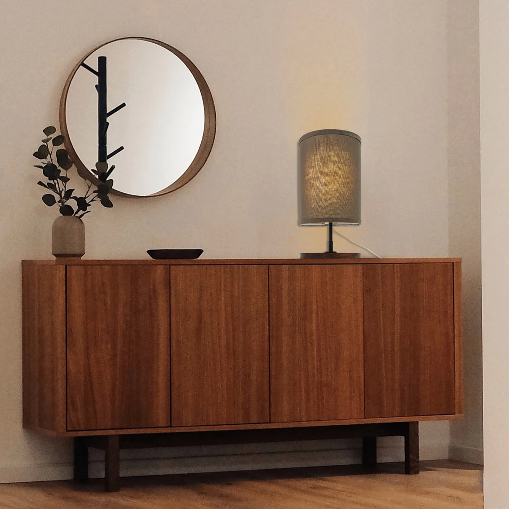 Half Shade Table Lamp, Modern LED Light with Fabric Shade and Wood Holder Z813002