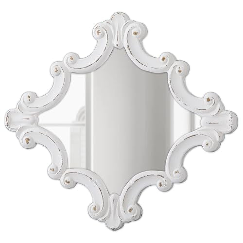 Distressed White Carved Wood Wall Mirror, 21x24 Inch, Farmhouse Style Y98281