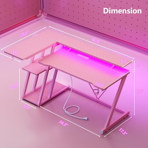 L Shaped Gaming Desk with Power Outlet and LED Lights T64283