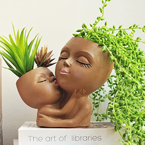 Head Planter Mother and Child Resin Flower Pot with Drainage Hole F9184