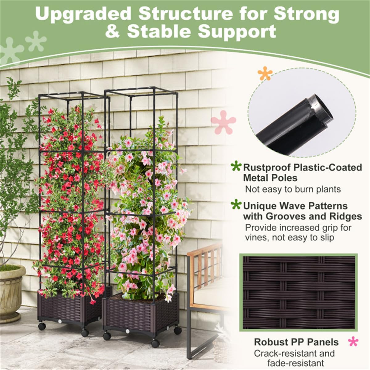 Raised Garden Bed Planter Box with Trellis for Climbing Plants Outdoor R41695