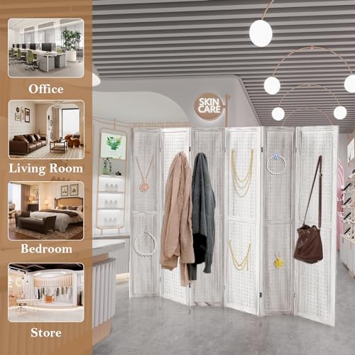Wooden Pegboard Room Divider, 5.6Ft Folding Privacy Screen P5676