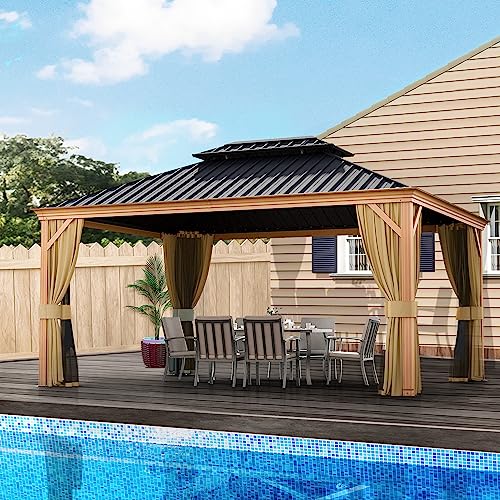 10 x 12 ft Hardtop Gazebo with Netting and Curtains, Double Roof Metal Canopy for Patio I7305