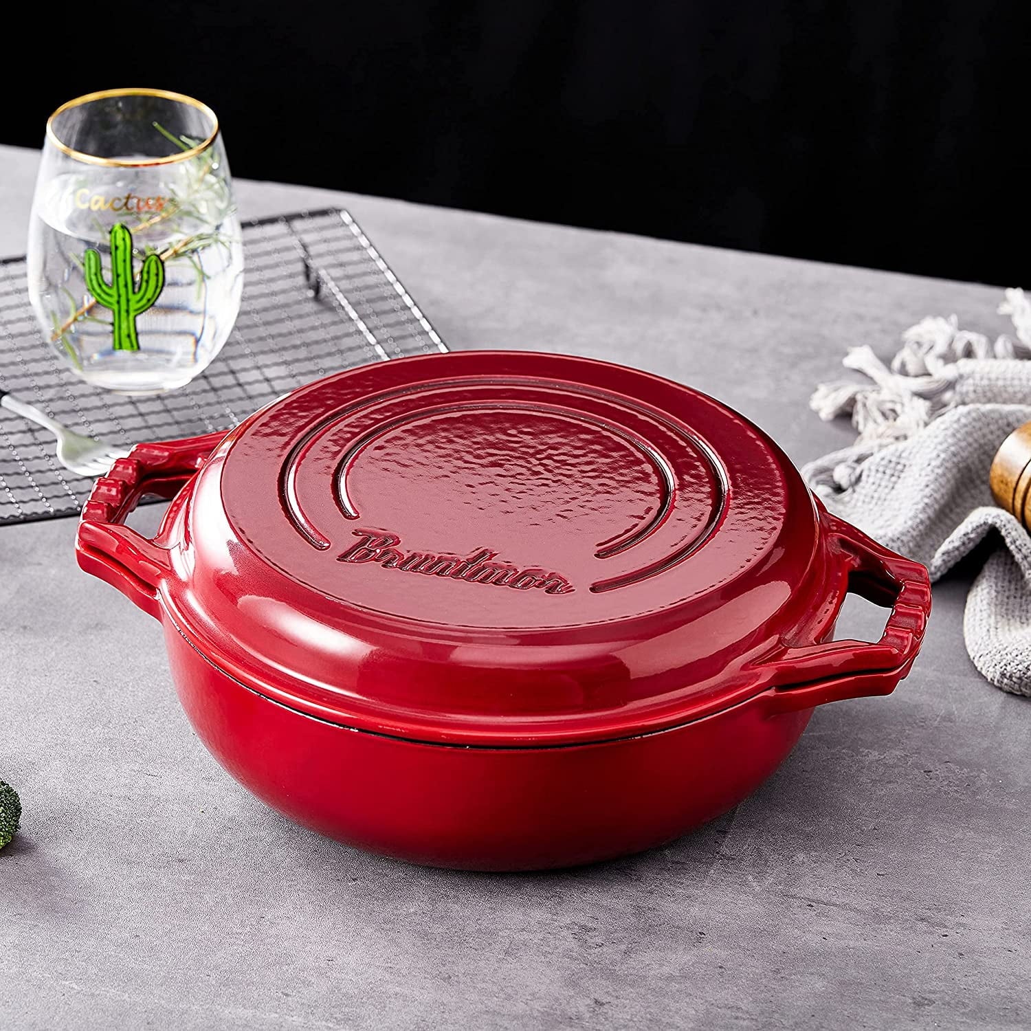 Enameled Cast Iron Cocotte Double Braiser Pan with Grill Lid P157487