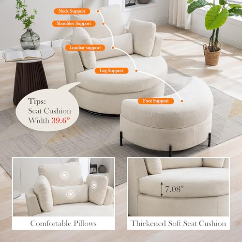 Oversized Swivel Barrel Chair with Ottoman, Chenille, Beige X252712