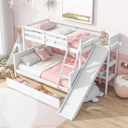 Twin Over Full Bunk Bed with Slide and Storage Stairs C57577