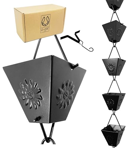 Rain Chains for Gutters | Rainwater Catcher & Diverter | 8.5ft Metal Rain Chain | Black Powder Coated w/ Embossed Sunflower Square Cup | Roof Gutter Chain Downspout | DIY Rain Chain Installation Kit
