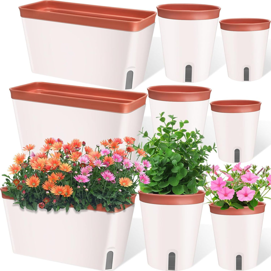 Hushee 9 Set Window Planter Box Self Watering Pots for Indoor Windowsill Box Modern Decorative Flower Planter Compact Plant Herb Container for Home, Garden, Indoor Plants, Flowers, Succulents