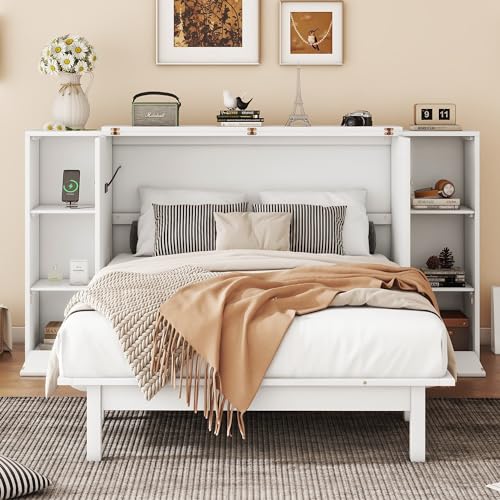 Murphy Bed Chest with Shelves, Foldable Wood Platform Bed Frame I45495