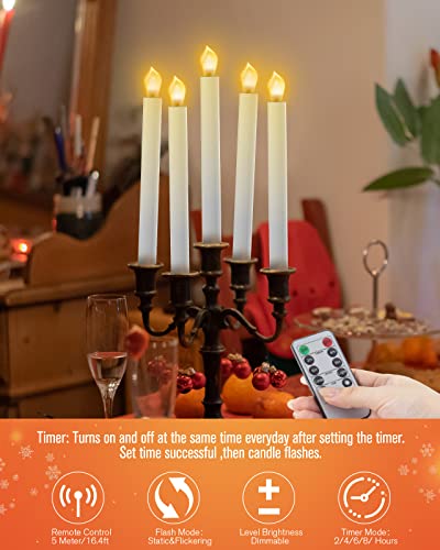 Flameless Taper Candles with Timer and Remote, LED Flickering Candles with Gold Holders, 6-Piece Set B490