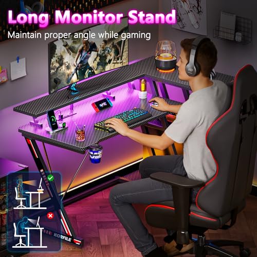 L Shaped Gaming Desk with Power Outlet and LED Lights T64283