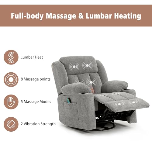 Swivel Recliner Chair for Adults with Massage and Heat, Fabric, Lime Gray B7507