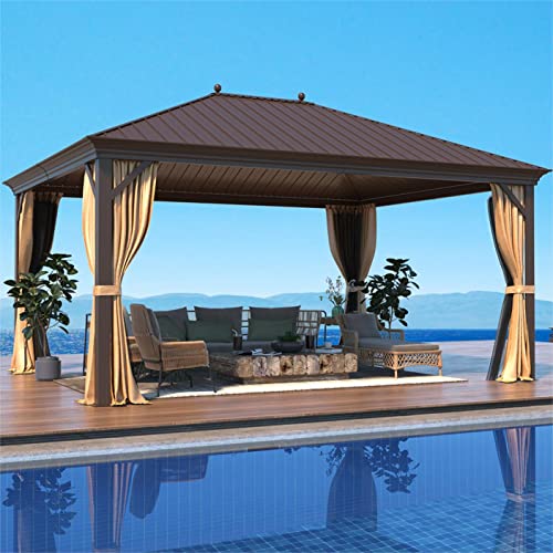12x16 ft Hardtop Gazebo with Galvanized Steel Roof, Curtains and Netting V821