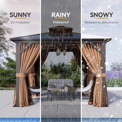 12x16 Hardtop Gazebo with Netting and Curtains, Aluminum Frame, Polycarbonate Roof N71921
