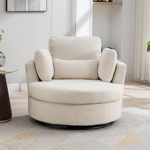 Oversized Swivel Barrel Chair with Ottoman, Chenille, Beige X252712